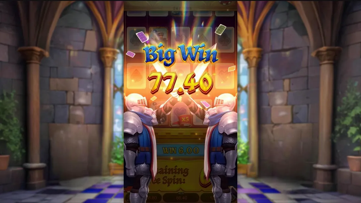 Tampilan visual slot Poker Kingdom Win dengan tema abad pertengahan dan kartu poker.