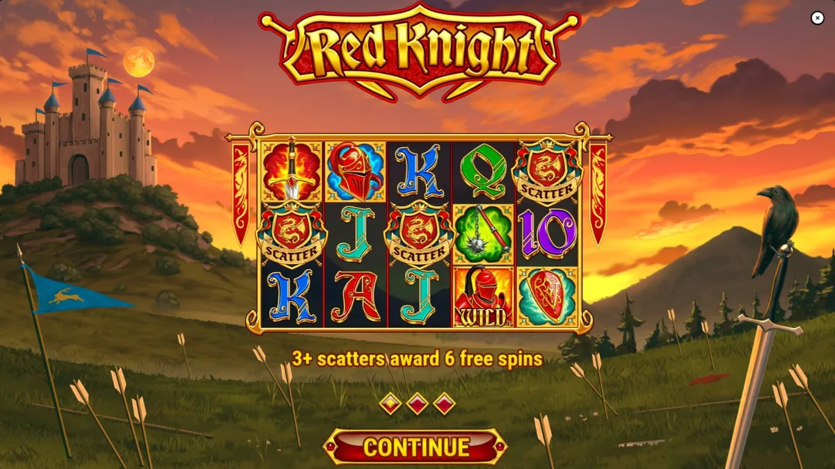Tampilan visual slot Red Knight dengan latar belakang kastil dan simbol bertema perang